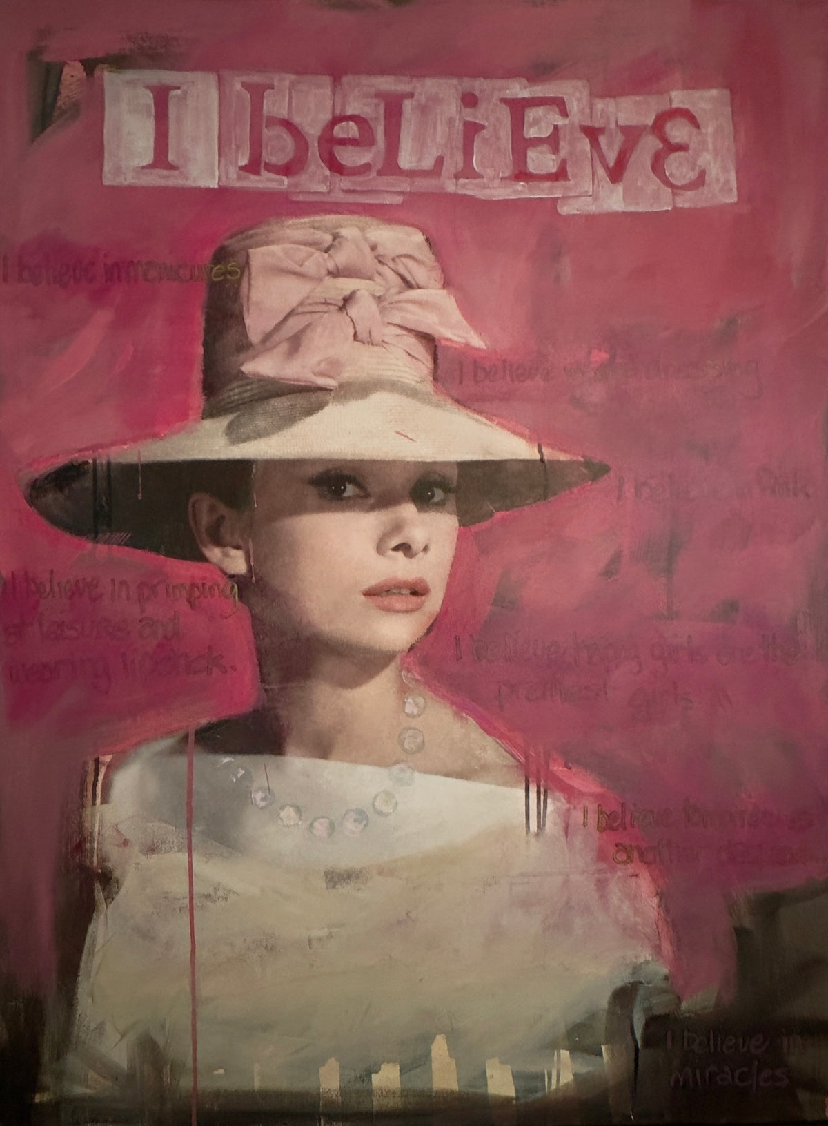 I Believe, mixed media portrait of Audrey Hepburn by Carol MacConnell, Icons series