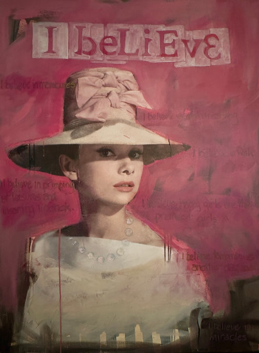 I Believe, mixed media portrait of Audrey Hepburn by Carol MacConnell, Icons series