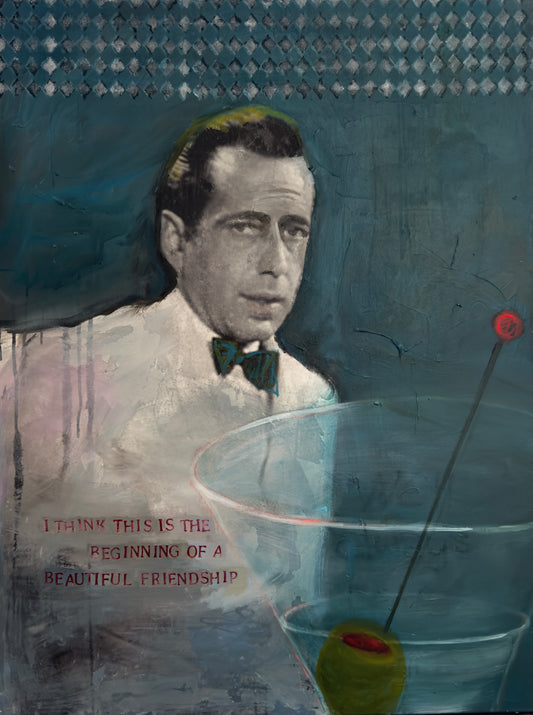Here's Looking at You, mixed media portrait of Humphrey Bogart by Carol MacConnell, Icons series