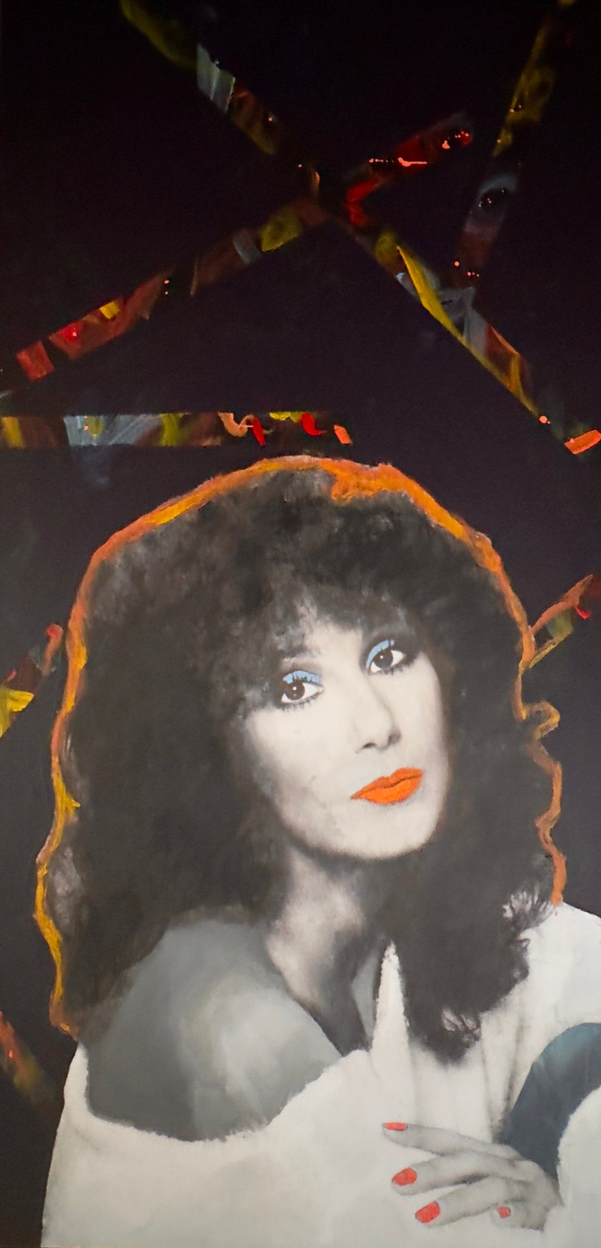 Moonstruck, mixed media portrait of Cher by Carol MacConnell, Icons series